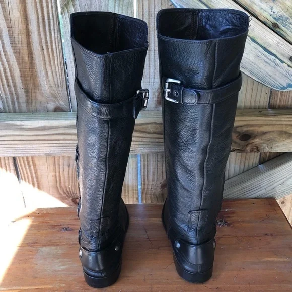 Zara Tall Black Textured Leather Low Heel Back Buckle Side Zip Riding Boots 9